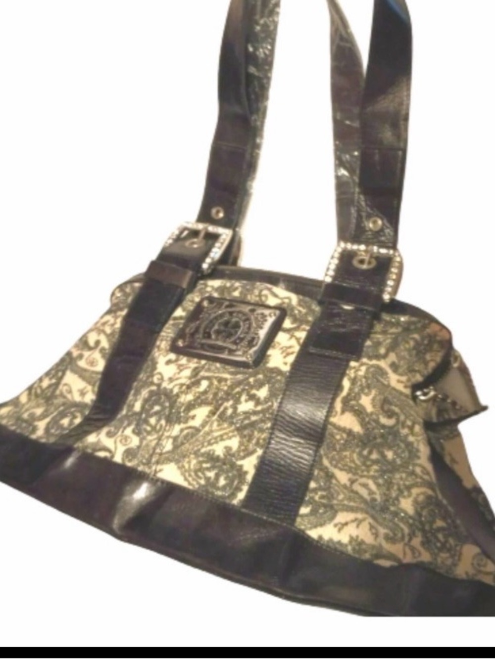 Purse Hand Bag Fabric Paisley with Leather Trim Charm and Luck Rhinestones